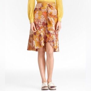 Tory Burch Opalina Metallic Thread Marigold Floral Print Silk Ruffle Skirt Sz 0